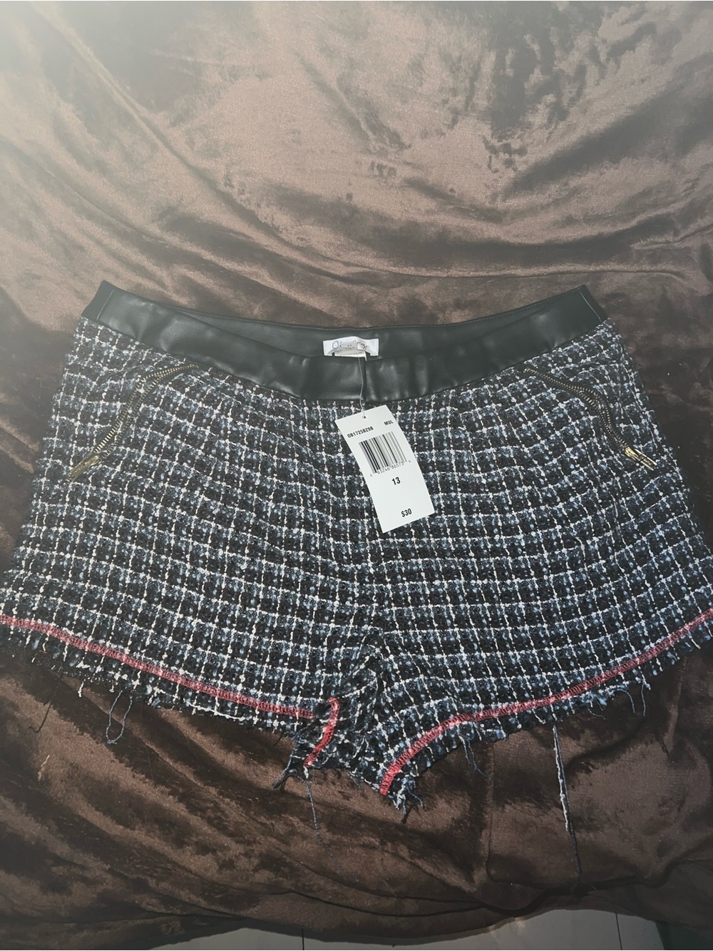 Tweed Frayed Hem Women’s Shorts - Black/White with Red Trim